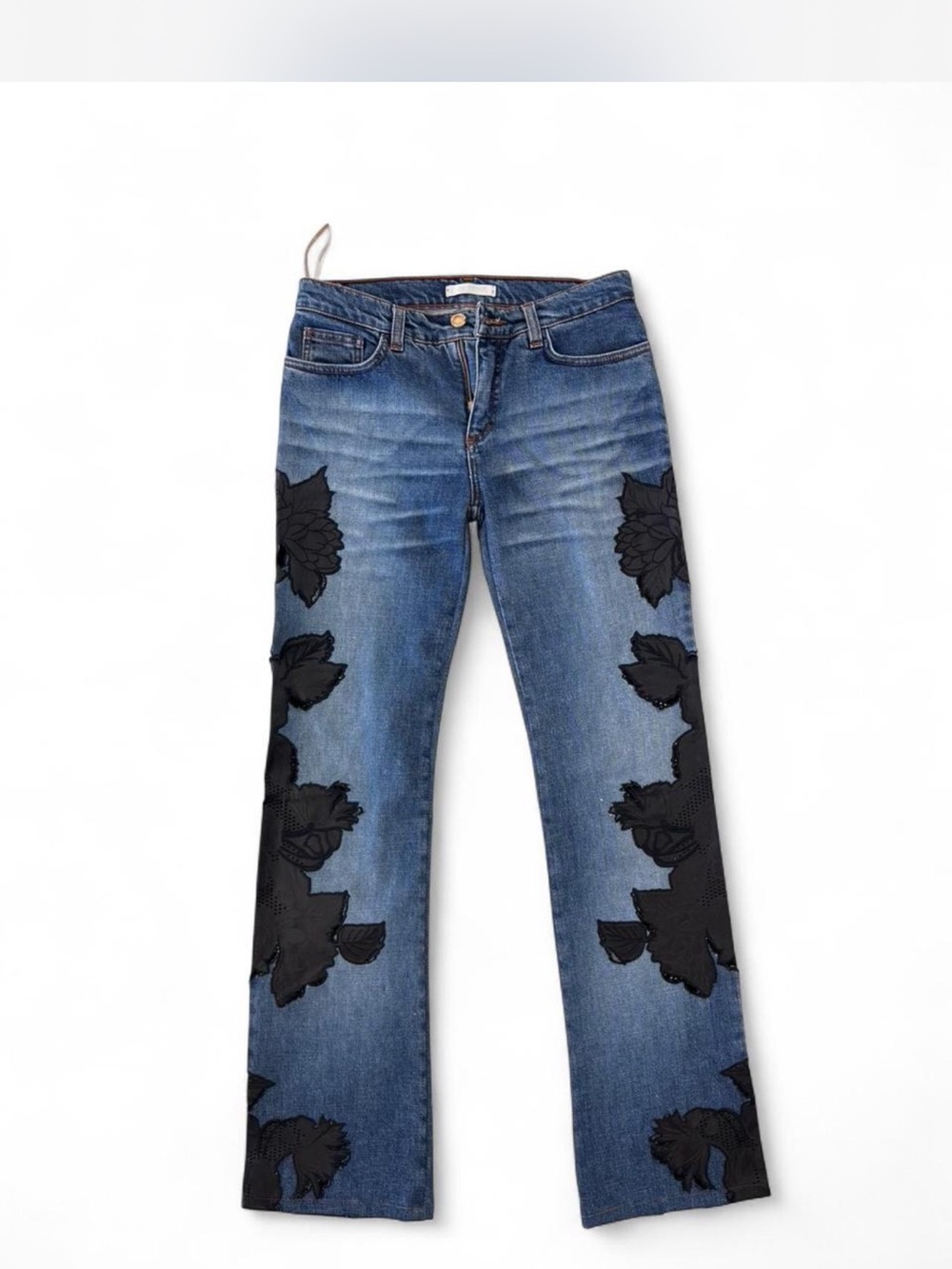 Roberto Cavalli Blue Denim Flare Jeans with Black Floral Appliqué